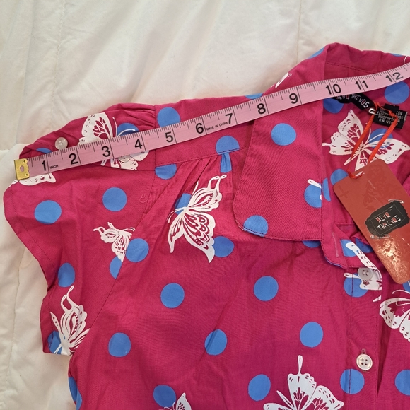 Dead Threads Womens M Shirt Pink Blue Polka Dots Butterfly Girly Button Down - Picture 8 of 11
